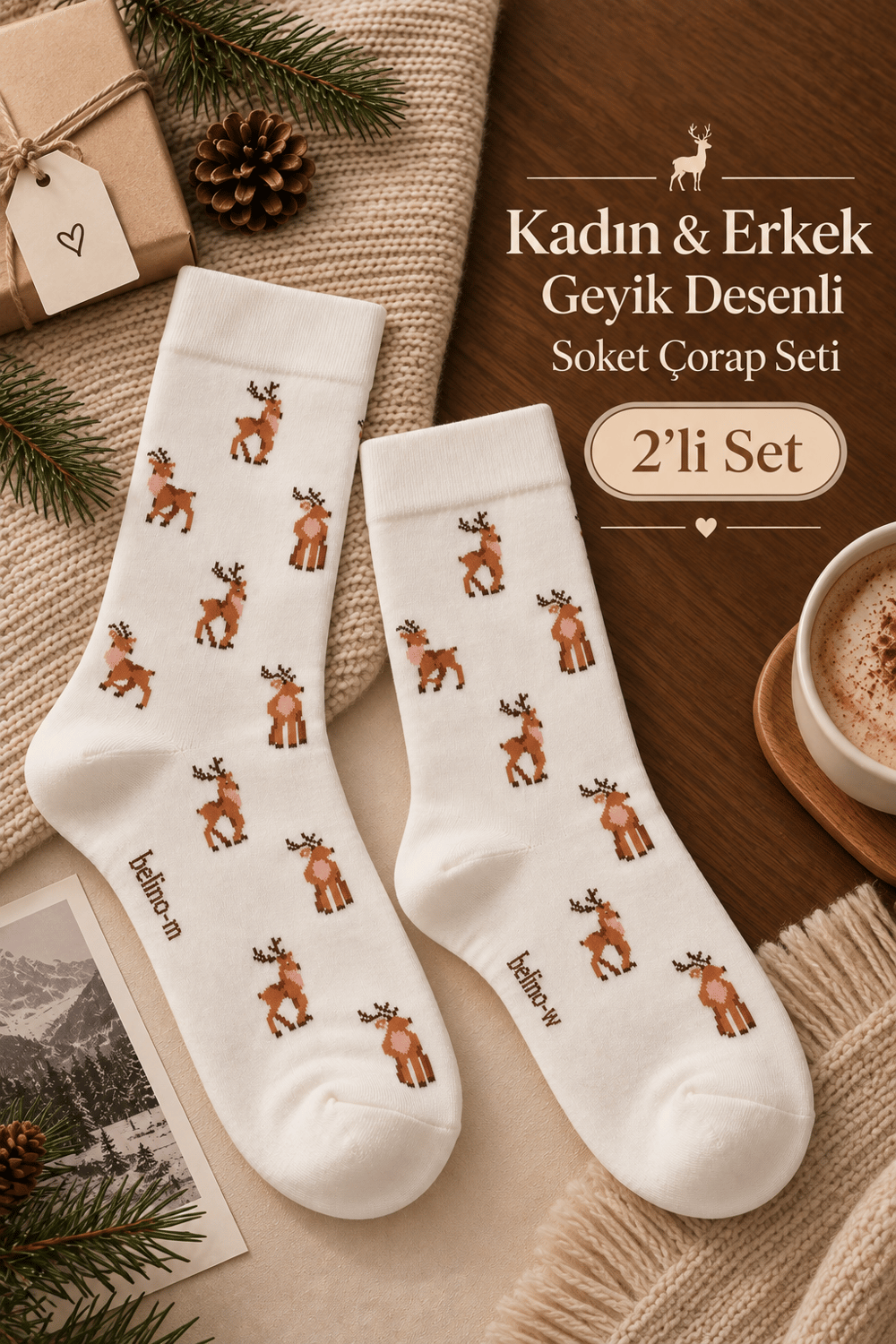 GEYİK DESENLİ ÇİFT SOKET ÇORAP SETİ - Deer Charm	