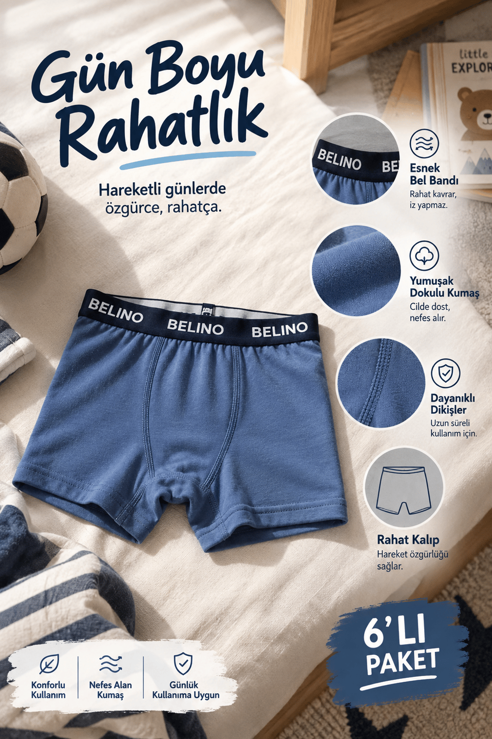 Düz Penye Likralı Erkek Çocuk Boxer 6 Lı Paket