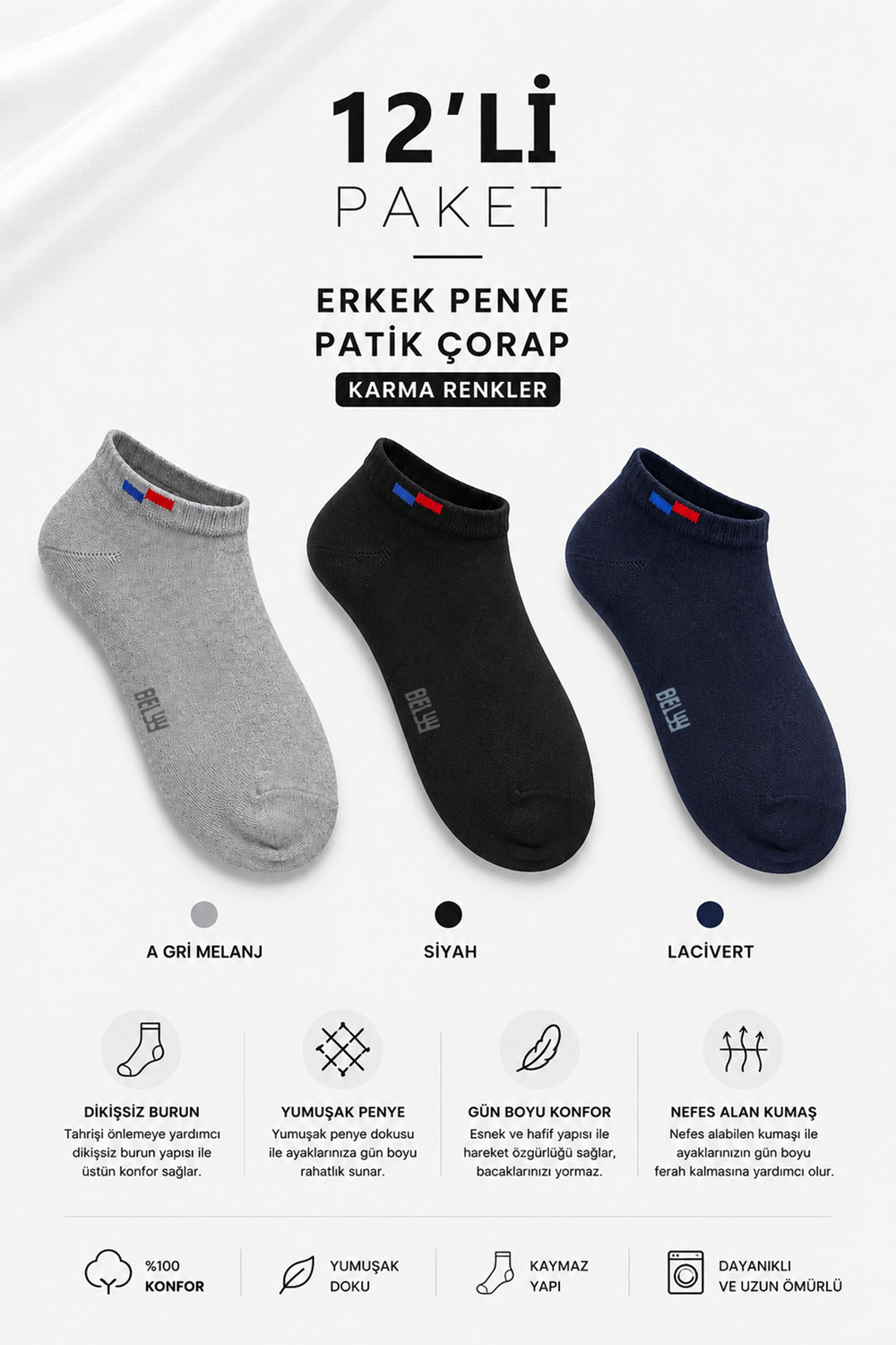 12 Li paket Penye Dikişsiz Erkek Çok Renkli Patik Çorap