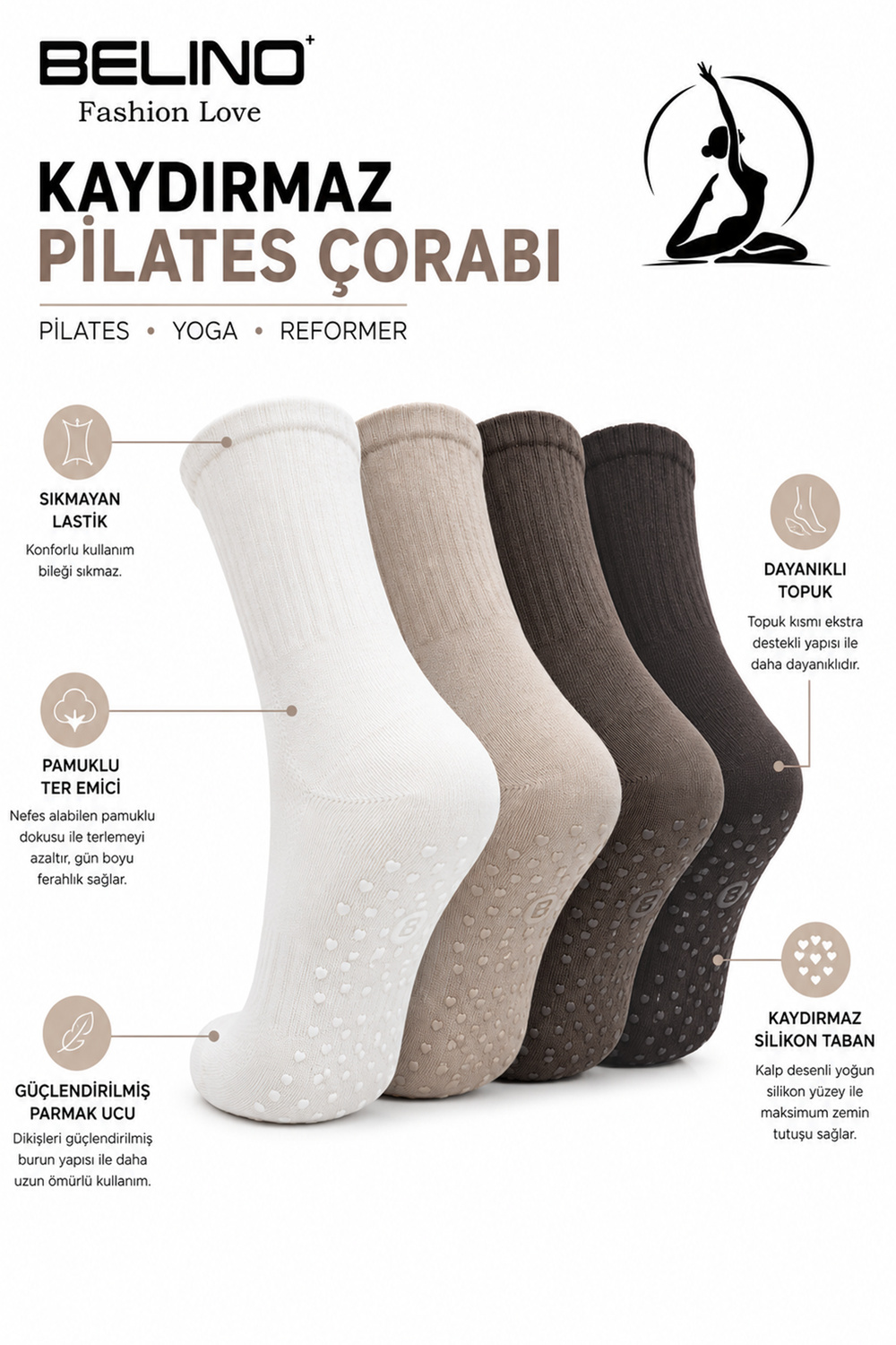 Kadınlar İçin Taban Altı Kaydırmaz Hamile, Dans ve Pilates çorabı 4 Lü Paket