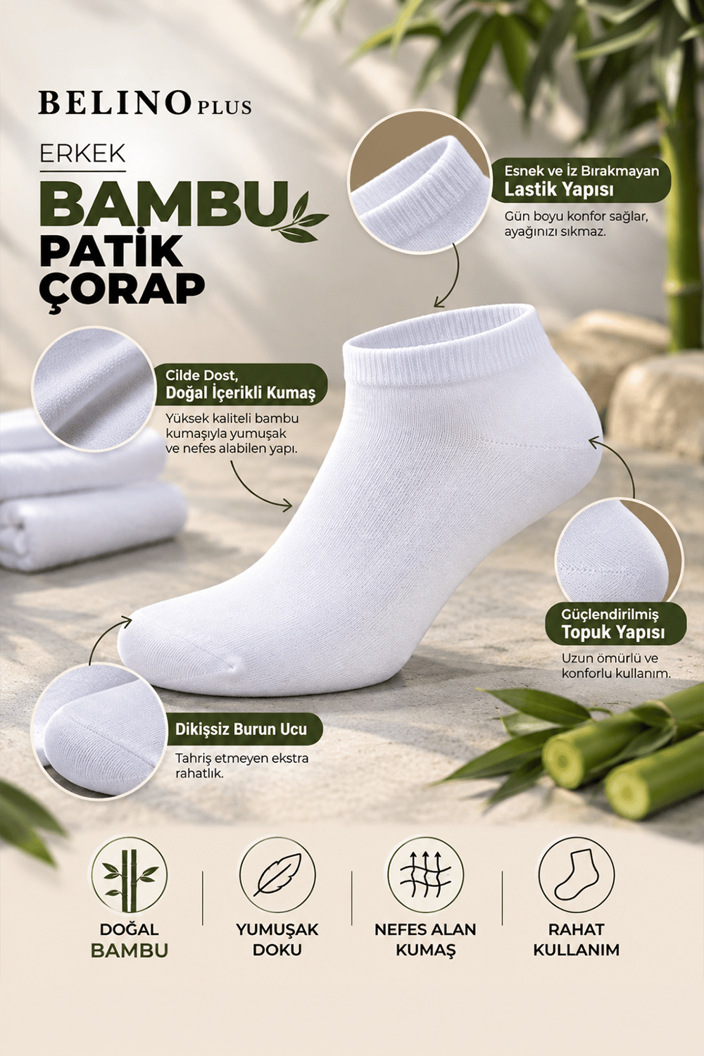 6 Lı Paket Bambu Beyaz Renk Patik Çorap