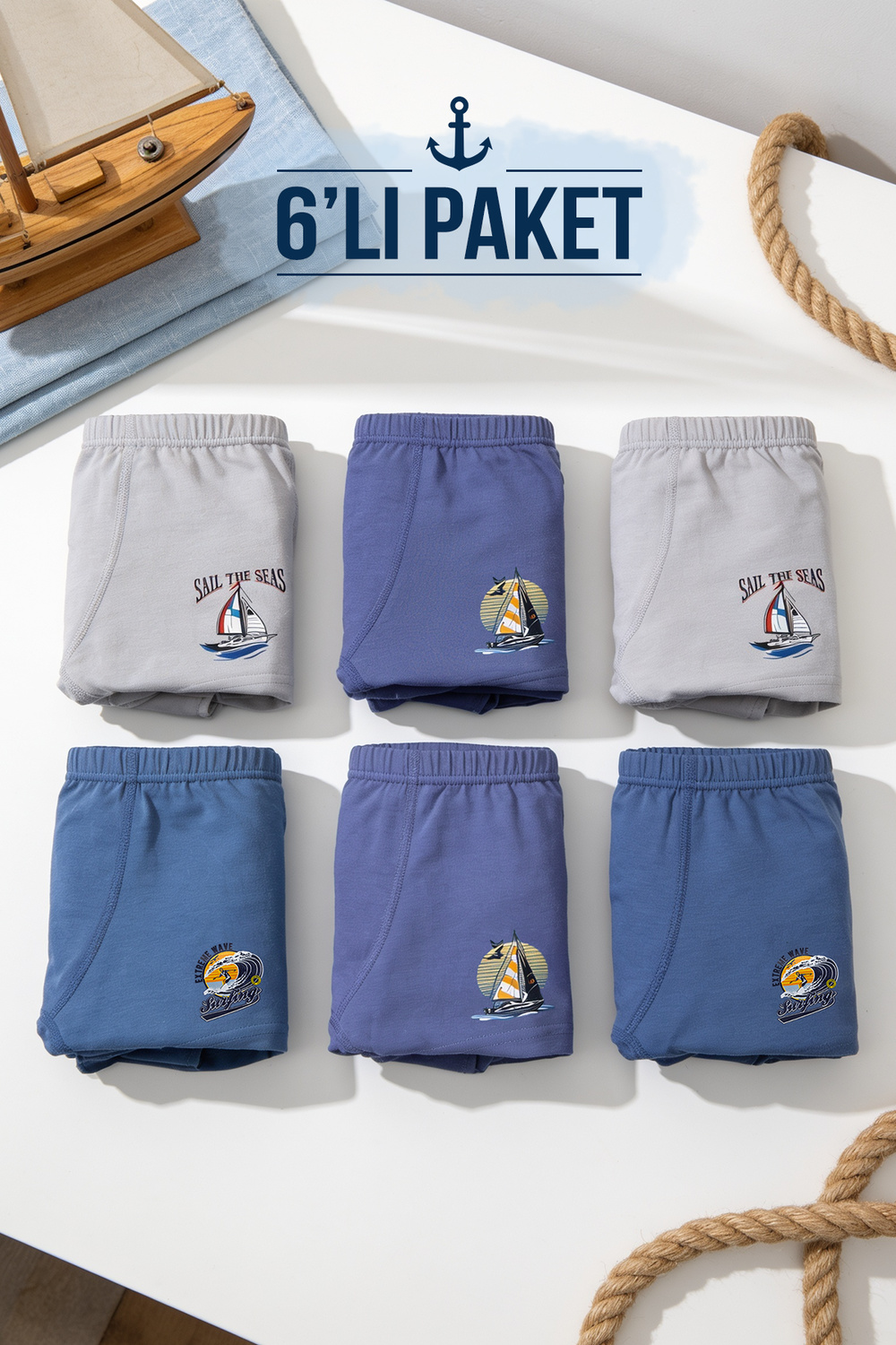 Penye Likralı Erkek Çocuk Boxer 6 Lı Paket - Mini Sailor