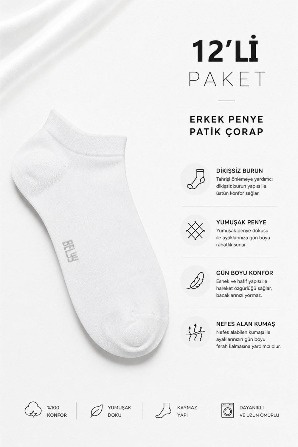 12 Li paket Penye Dikişsiz Erkek Beyaz Patik Çorap