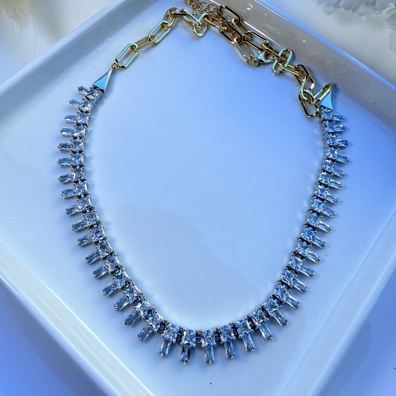 14K Altın Kaplama Ataç Zincir Detaylı Zirkon Taşlı Kolye (45+6 cm)