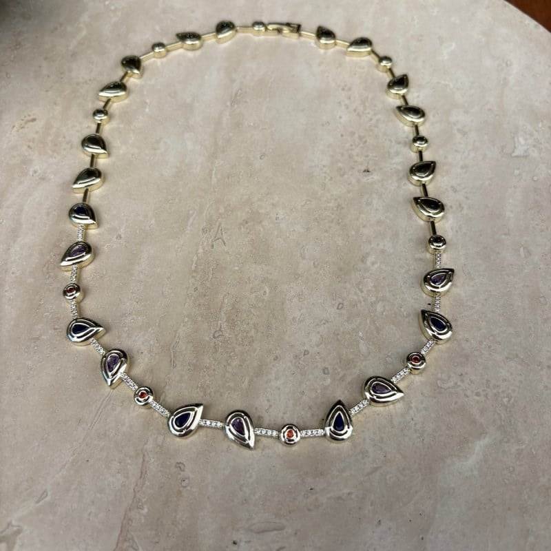 14K Altın Kaplama Damla Çerçeveli Renkli Zirkon Taş Kolye (45 cm)