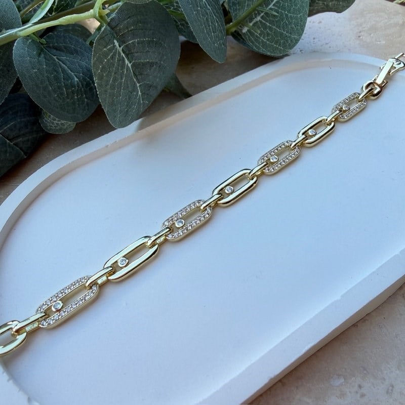 14K Altın Kaplama Messi Model Taşlı Bileklik (17+2 cm)