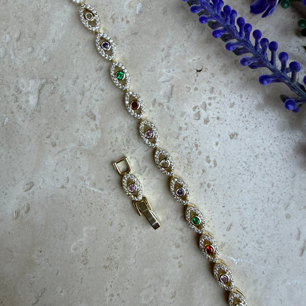 14K Altın Kaplama Renkli Göz Detaylı Bileklik (17+2 cm)