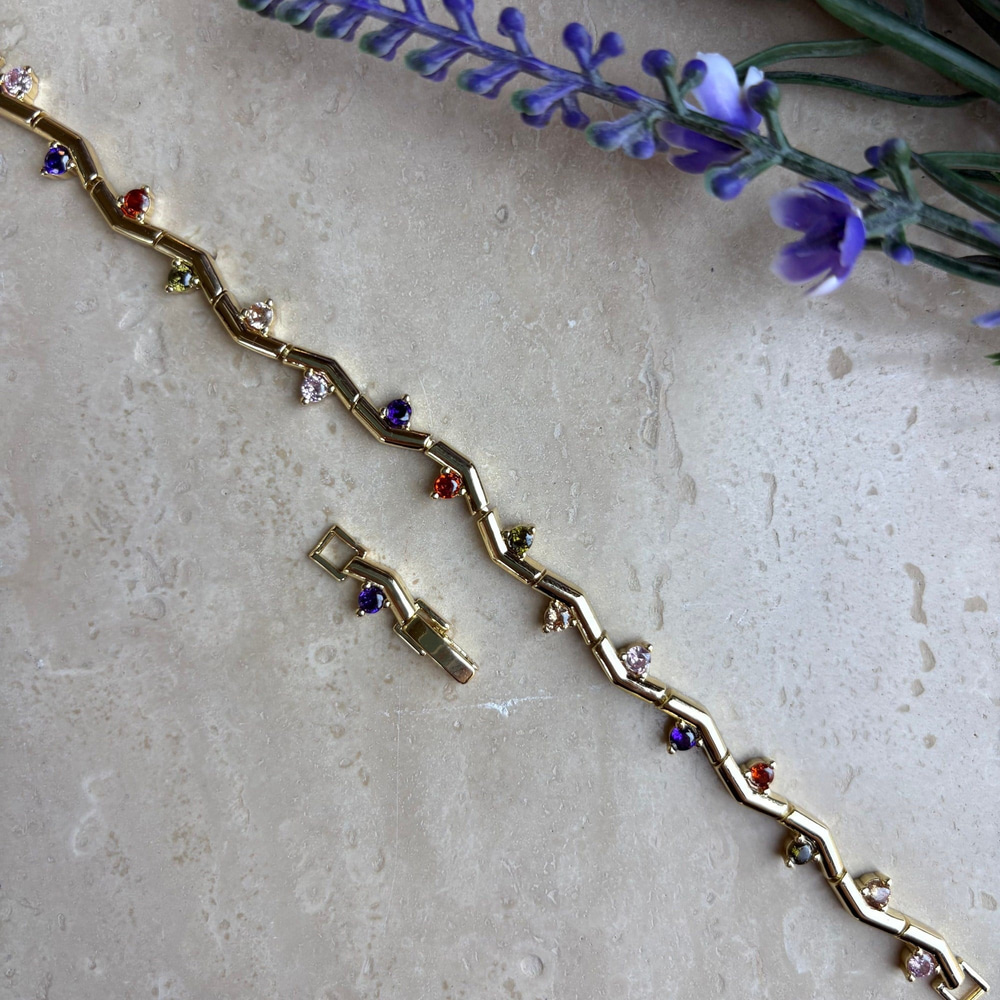 14K Altın Kaplama Renkli Taşlı Dal Model Bileklik (17+2cm)