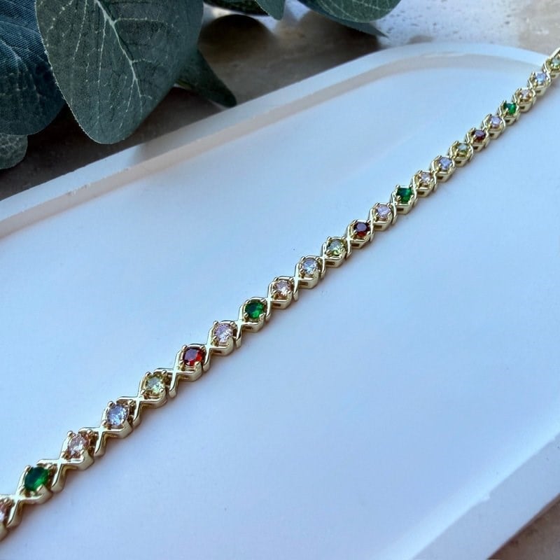 14K Altın Kaplama Renkli Taşlı Gold X Detaylı Bileklik (17+2 cm)