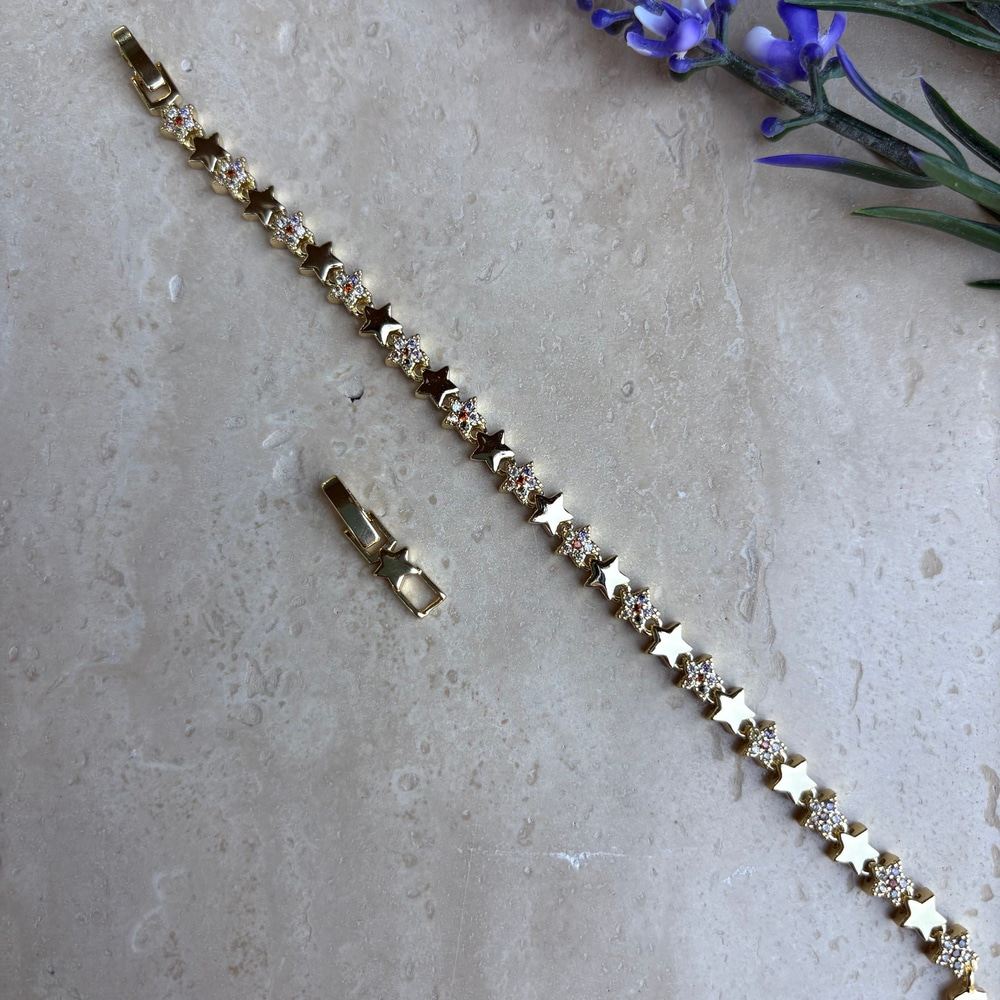 14K Altın Kaplama Renkli Yıldız Taşlı Gold Bileklik (17+2 cm)