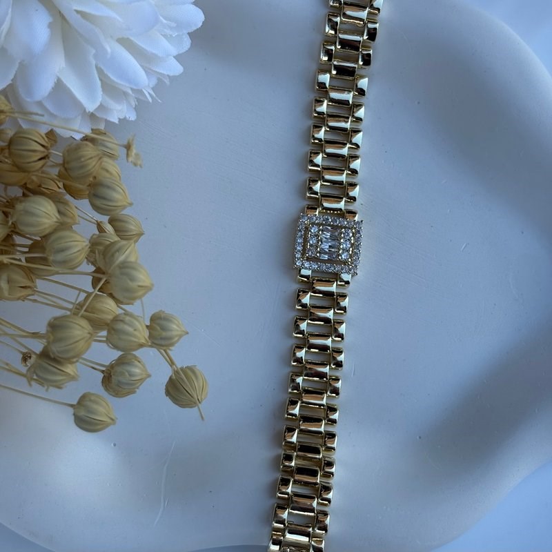14K Özel Seri Baget Taşlı Kalın Zincir Bileklik (17+2 cm)