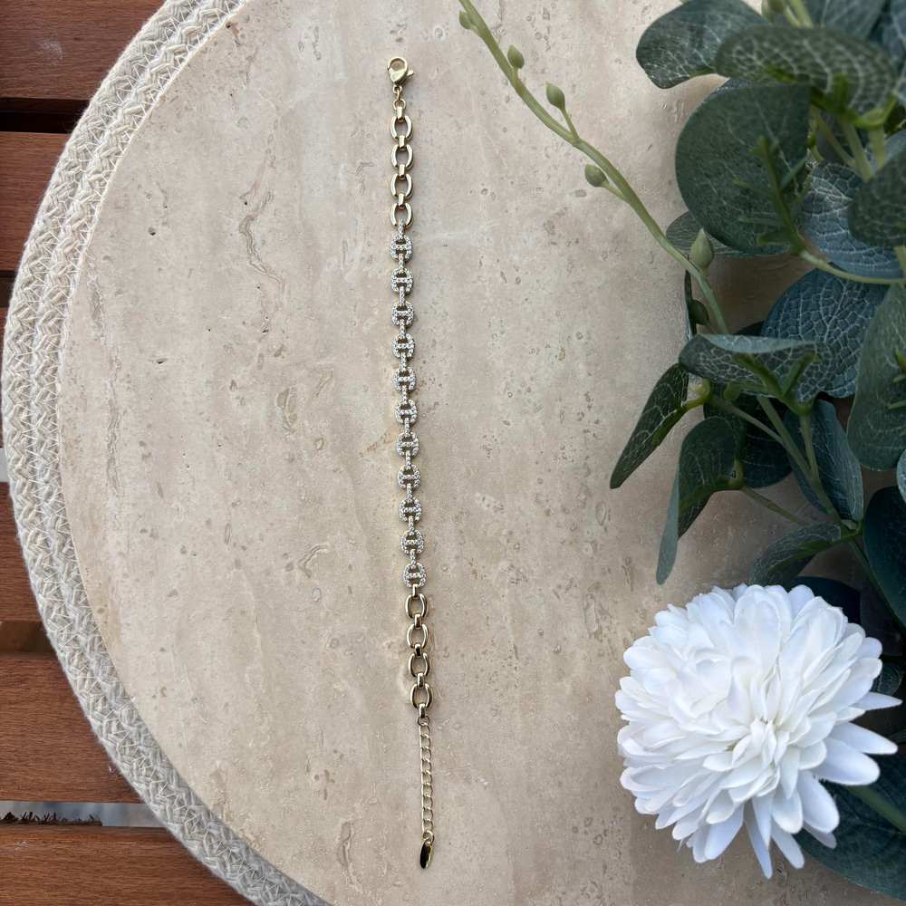 14K Özel Seri Düğme Model Taşlı Zarif Bileklik (17+3 cm)