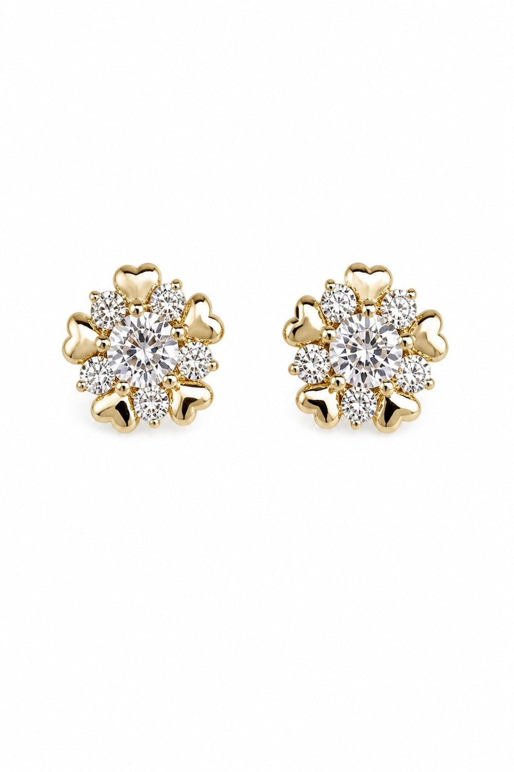 14K Özel Seri Gold Kalp Taşlı Çiçek Küpe