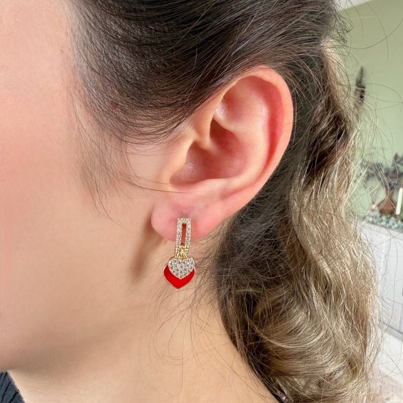 14K Özel Seri Kalp Charmlı Kırmızılı Küpe