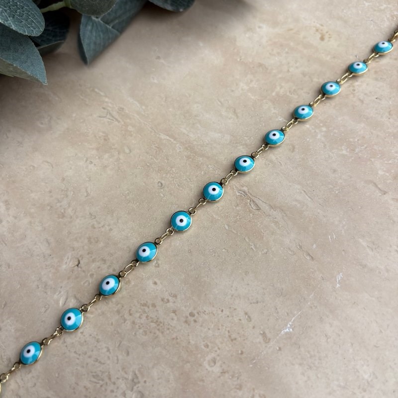 14K Özel Seri Turkuaz Mineli Nazar Boncuklu Bileklik (20 cm)