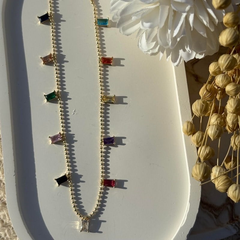 Altın Kaplama Dikdörtgen Taşlı Renkli Kolye (47 cm)