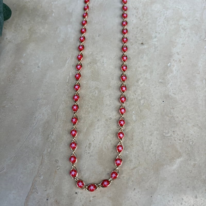Altın Kaplama Kırmızı Beyaz Yıldızlı Zincir Kolye (45 cm)