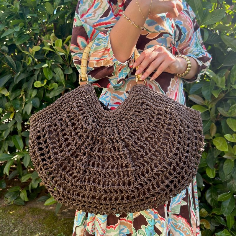 Bambu Kulplu Acı Kahve Hasır Çanta