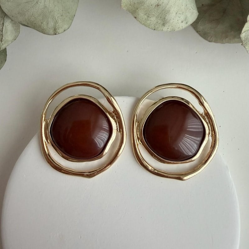 Kahve Taşlı Gold Asimetrik Daire Küpe