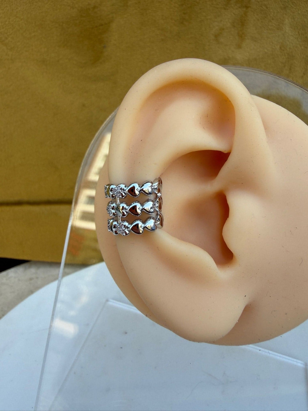 Kalp Detaylı Üç Sıra Silver Earcuff