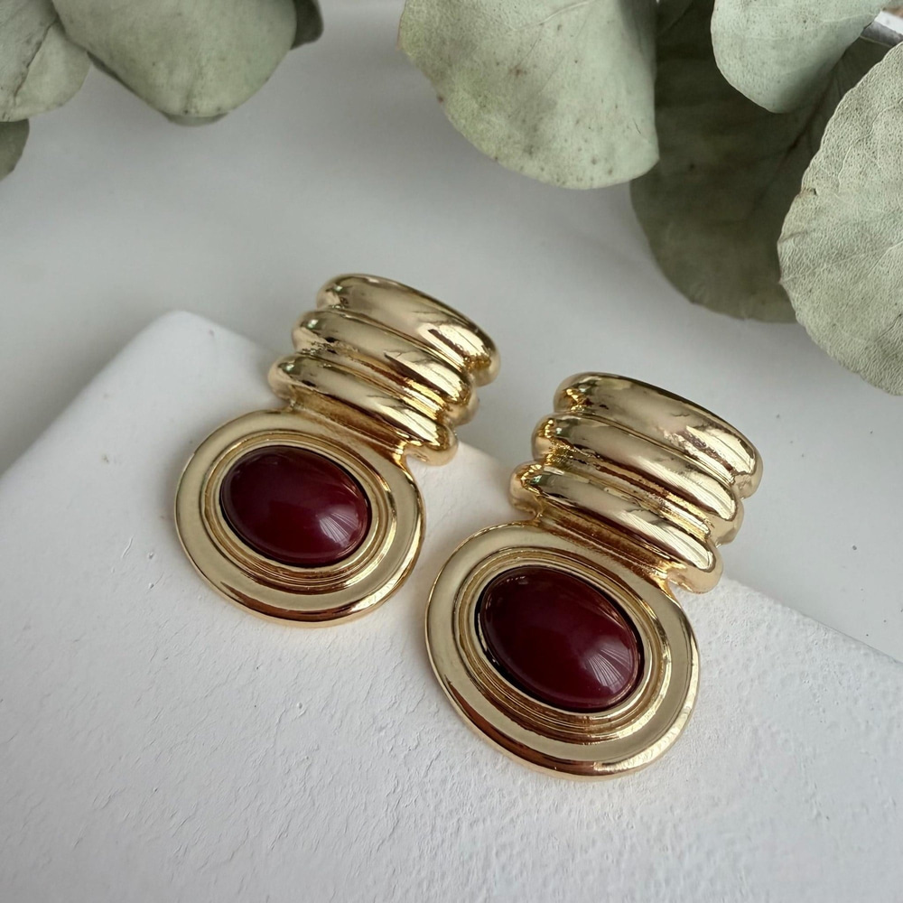 MNG Bordo Taşlı Vintage Küpe