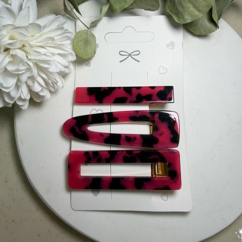 Pembe Leopar Desen Üçlü Çıtçıt Toka