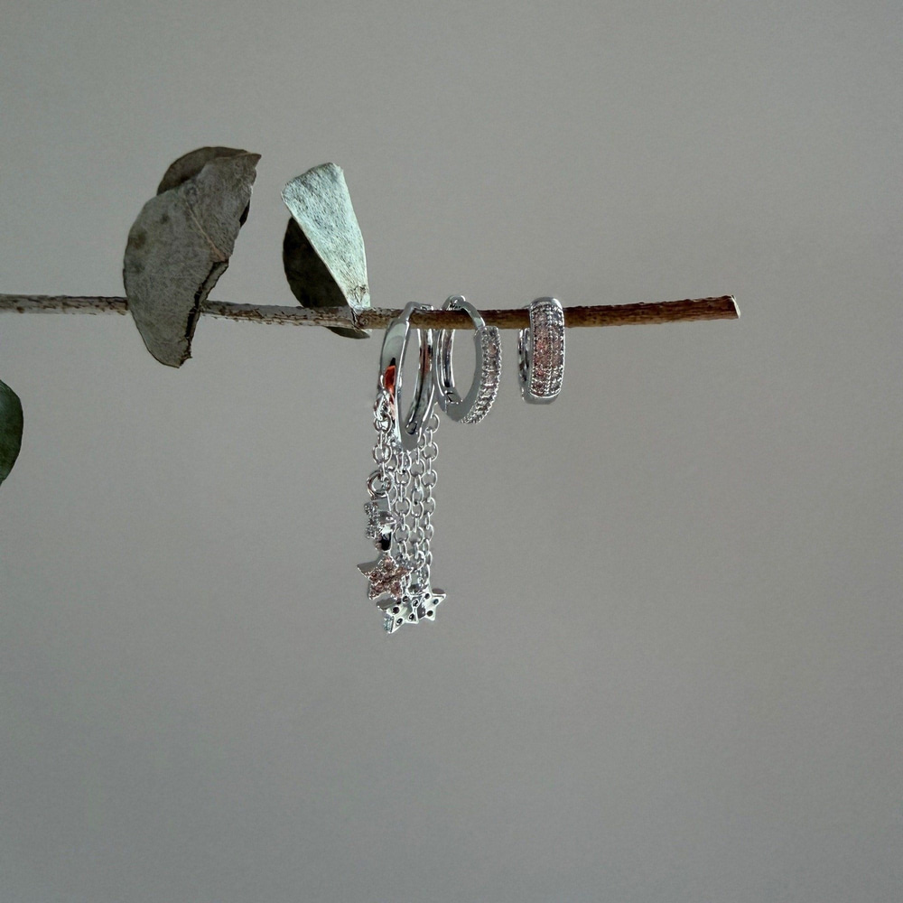Sallantılı Yıldızlı Üçlü Küpe Seti -silver