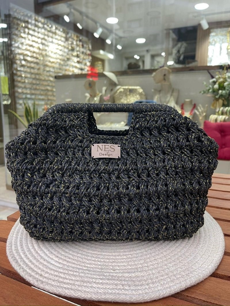 Siyah Simli Hasır Clutch Çanta