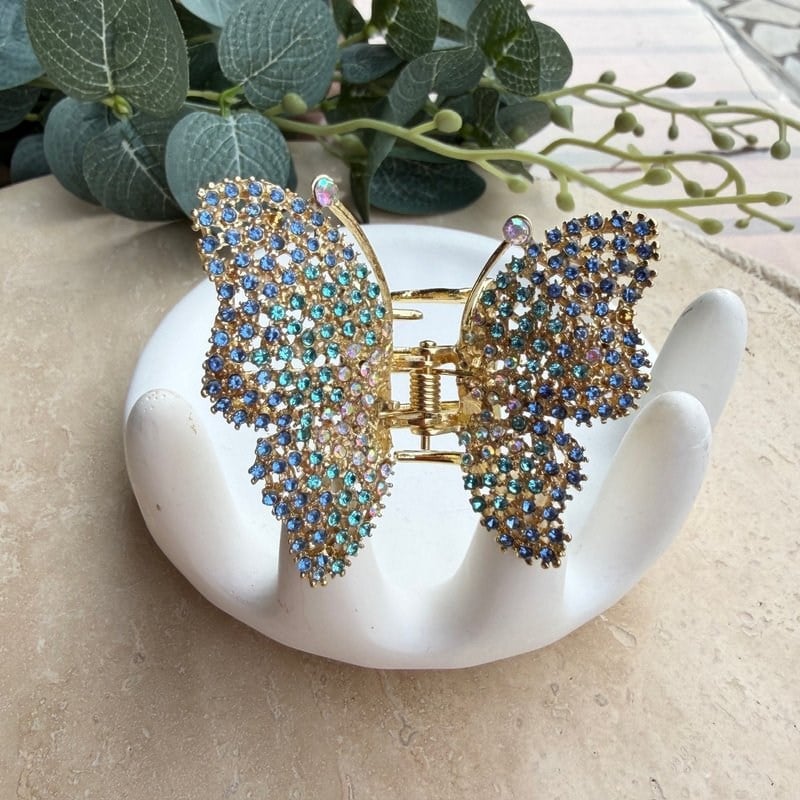 Taşlı Kelebek Metal Mandal Toka- Mavi