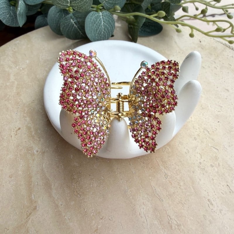 Taşlı Kelebek Metal Mandal Toka- Pembe