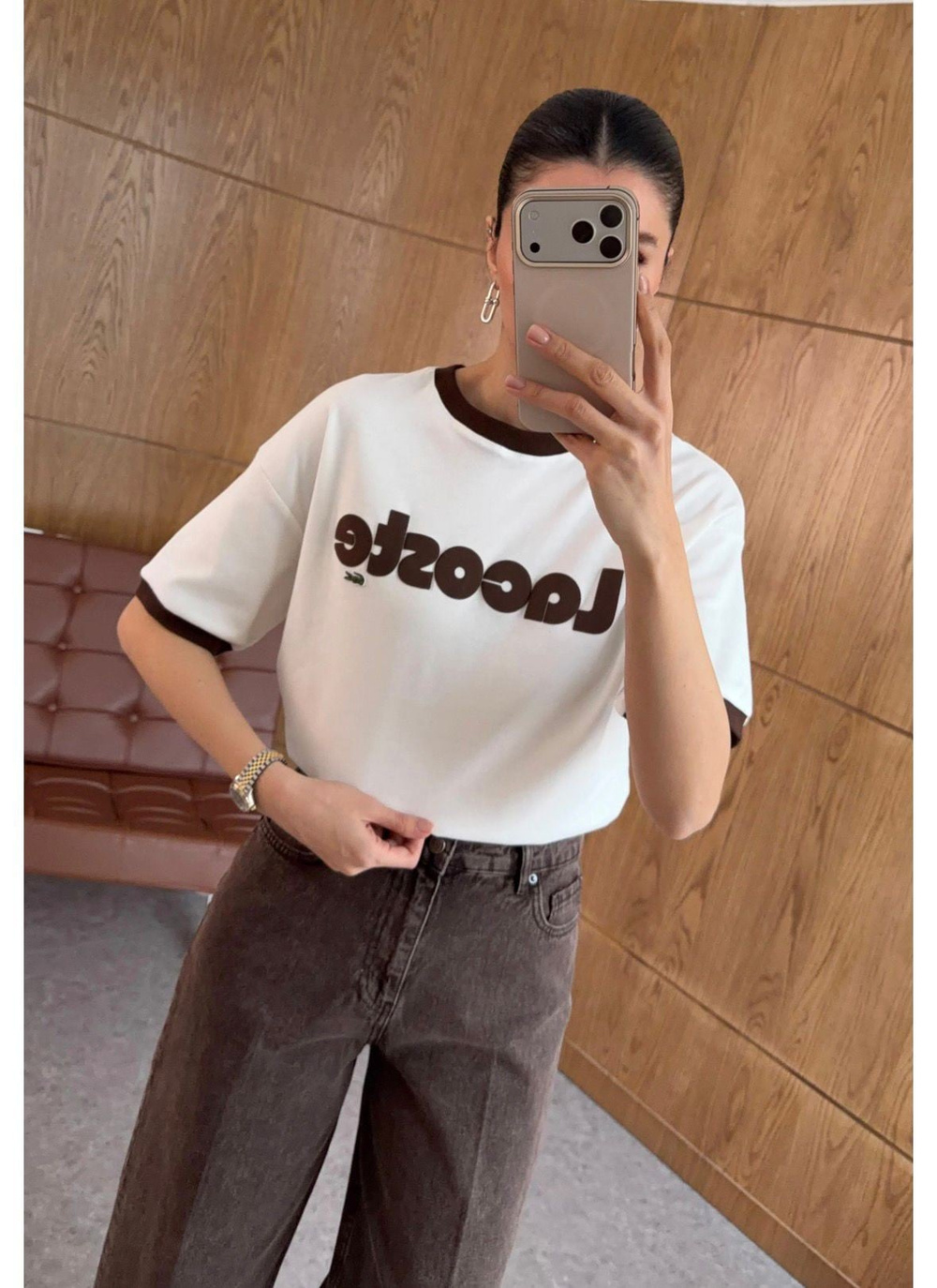 LCST  KAHVEYAZILI  BEYAZ KADIN T SHIRT  RAHAT KALIP