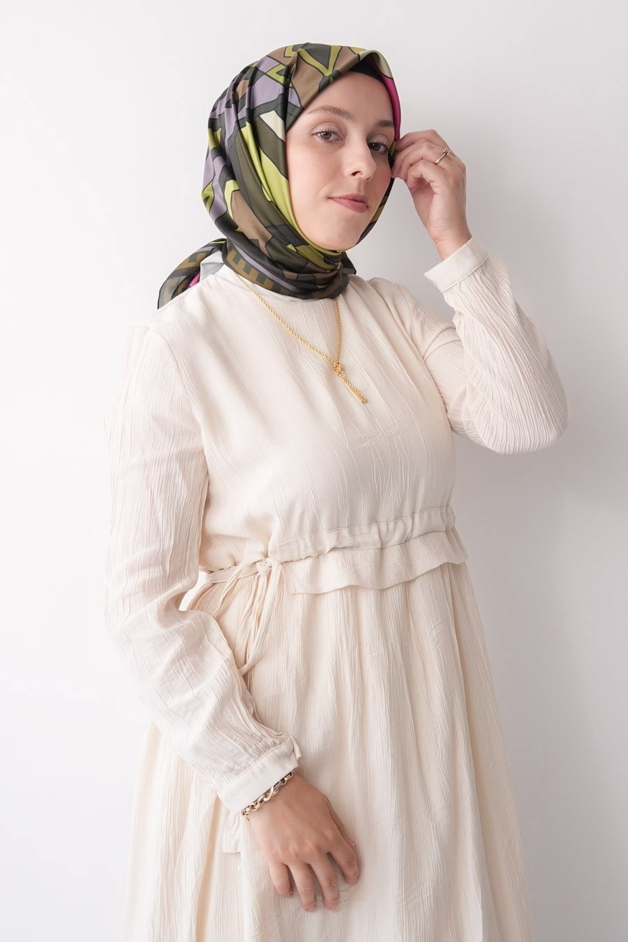 Lina Grid Desen İpeksi Rayon Eşarp Yeşil