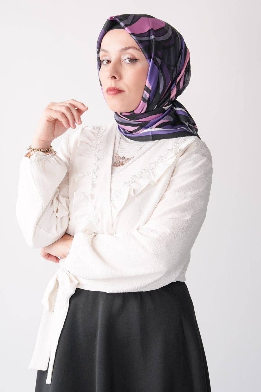 Sugar Rose Desen İpeksi Rayon Eşarp Mor