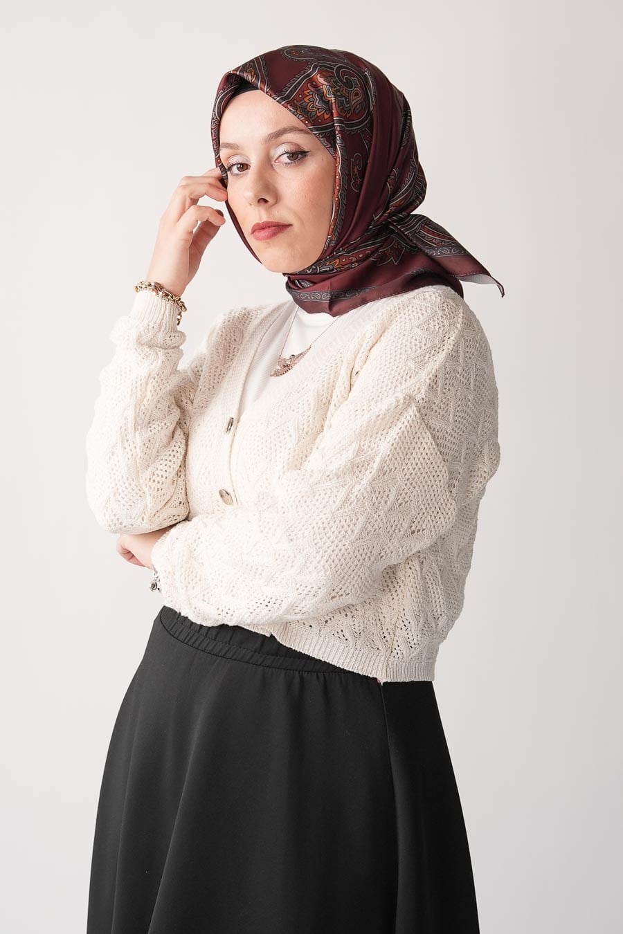 Vintage Pattern Desen İpeksi Rayon Eşarp Bordo
