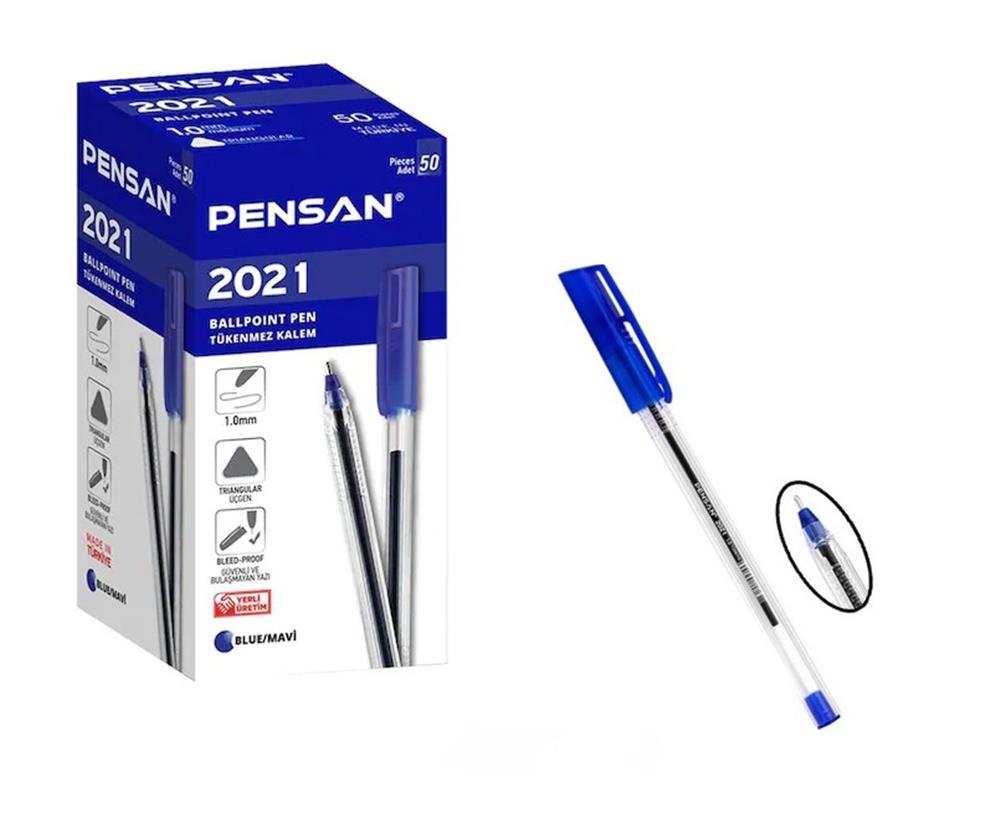 Pensan Şeffaf Üçgen Mavi Tükenmez Kalem 2021