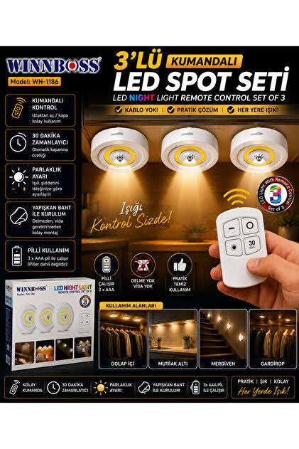 Winnboss WN-1186 Kumandalı 3'lü Pilli LED Lamba