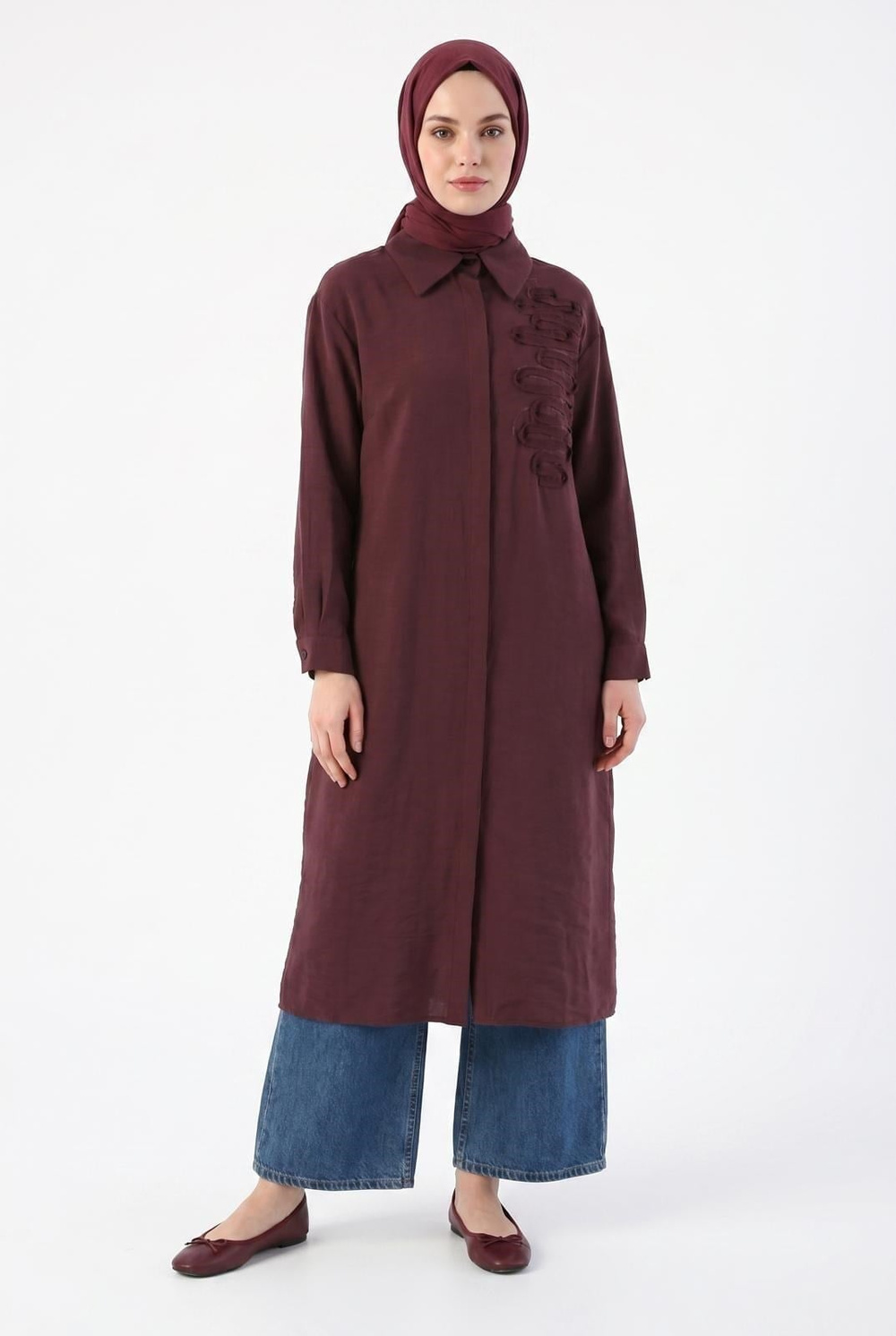 Basic Uzun Ön Desenli Yazlık Tunik Bordo