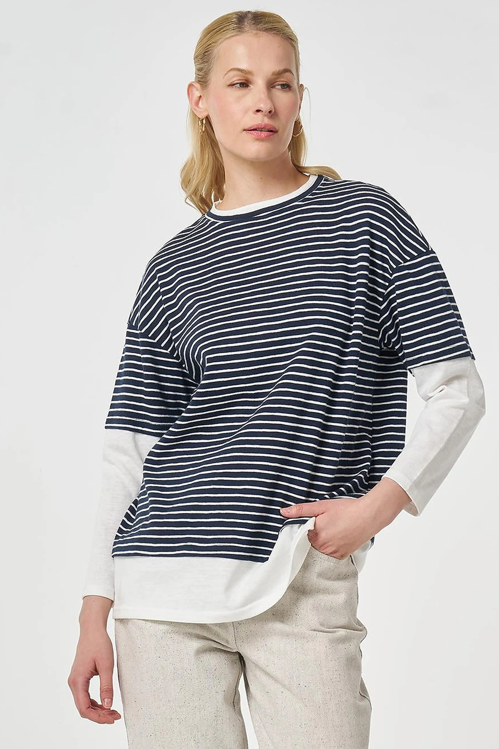 Çizgi Desen Pamuklu Sweatshirt Koyu Lacivert