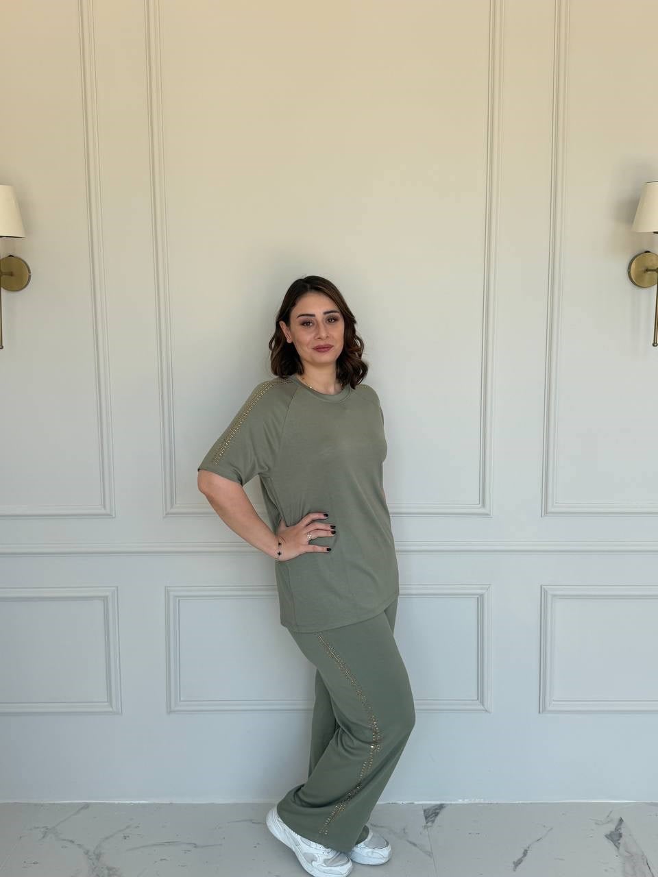 Baget Taşlı Modal Takım - Haki