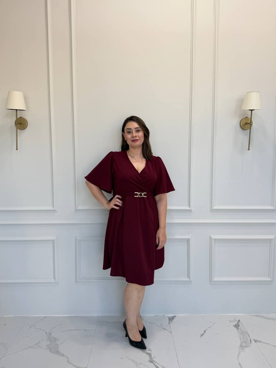 Kruvaze Yaka Tokalı Elbise - Bordo