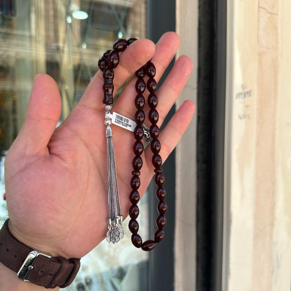 925 Ayar Gümüş Püsküllü Koyu Kahverengi Sıkma Kehribar Tesbih