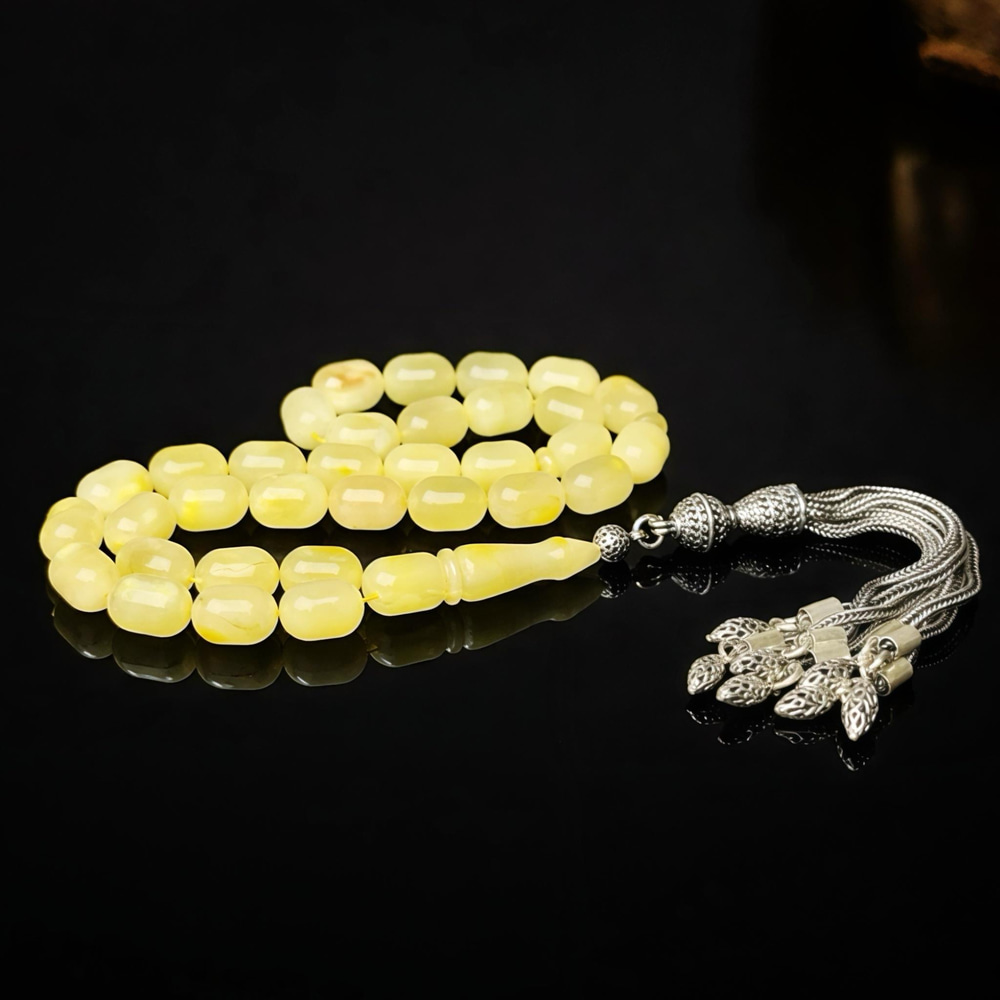 Gümüş Püsküllü Kapsül Kaya Damla Kehribar Tesbih