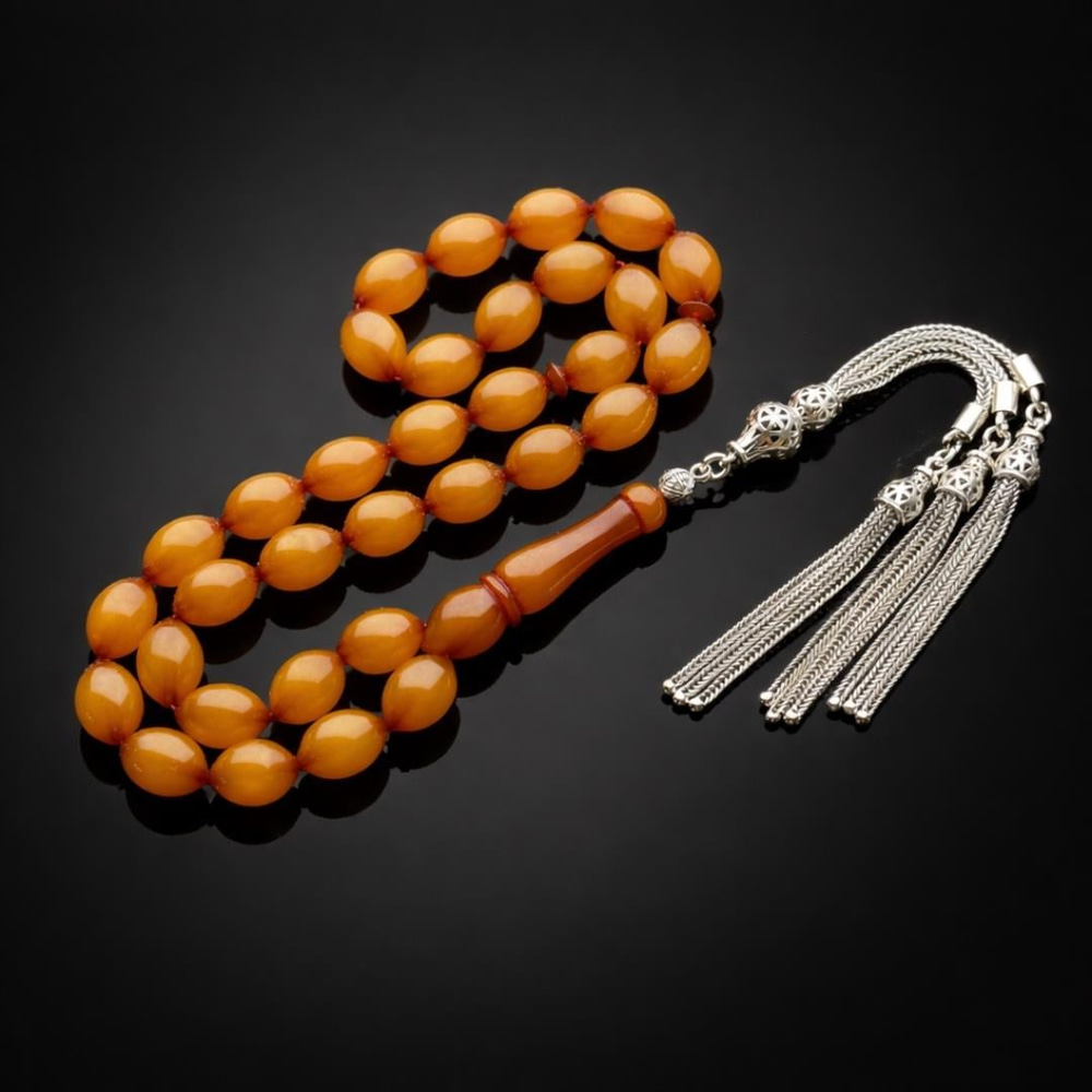 Zirve Renkte Gümüş Püsküllü Sıkma Kehribar Tesbih