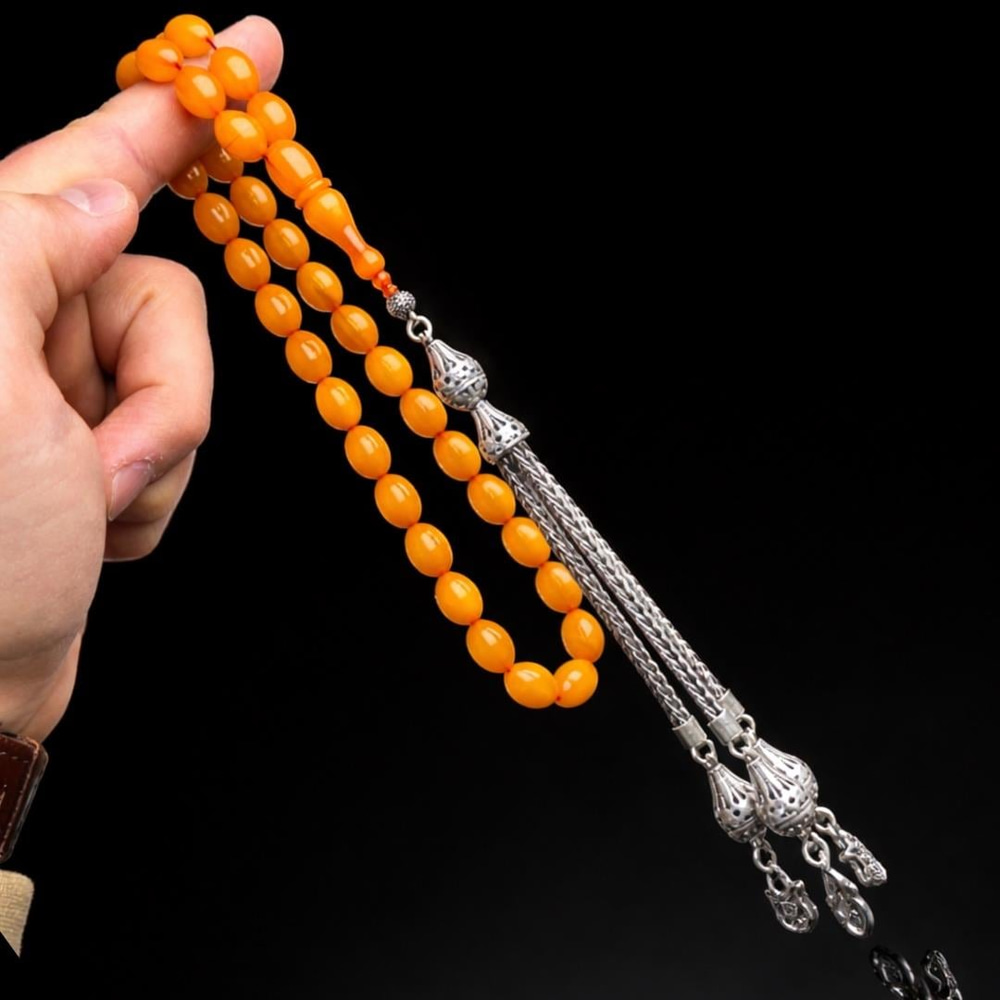 Zarif Gümüş Püsküllü Sıkma Kehribar Tesbih