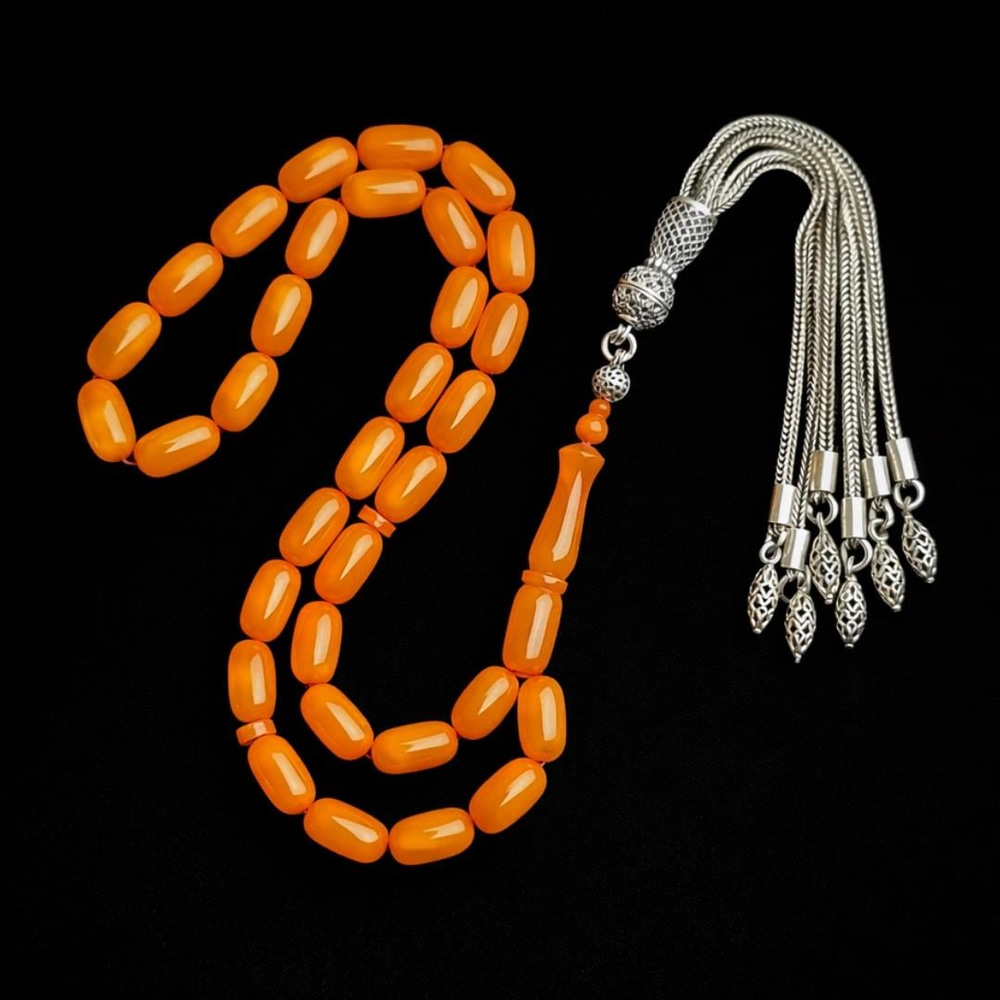 925 Ayar Gümüş Püsküllü Turuncu Renk Sıkma Kehribar Tesbih