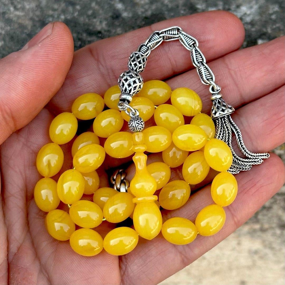 Usta İşçilikli Kuru Torna Limon Sarısı Sıkma Kehribarı Tesbih