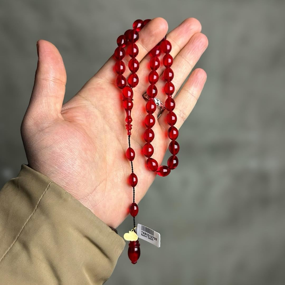 Ateş Kırmızısı Beyzi Kesim Sistem Püsküllü Sıkma Kehribar 33lük Tesbih