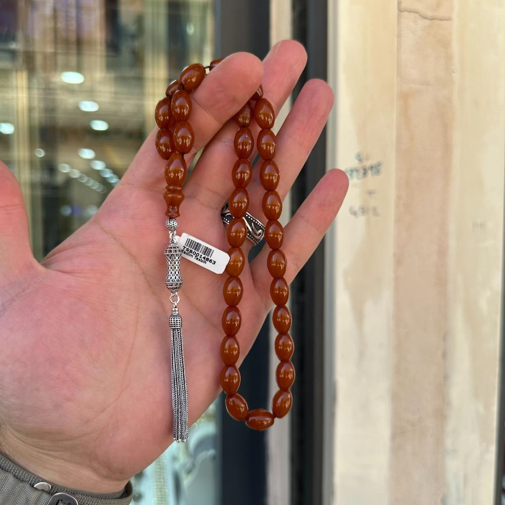 925 Ayar Gümüş Püsküllü Kahverengi Sıkma Kehribar Tesbih