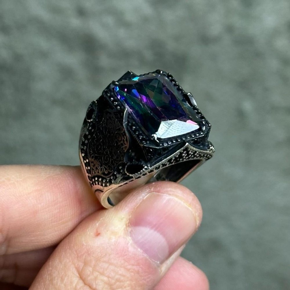 Tasarım 7 Renk Mistik Topaz Taşlı Tasarım 925 Ayar Gümüş Erkek Yüzük 