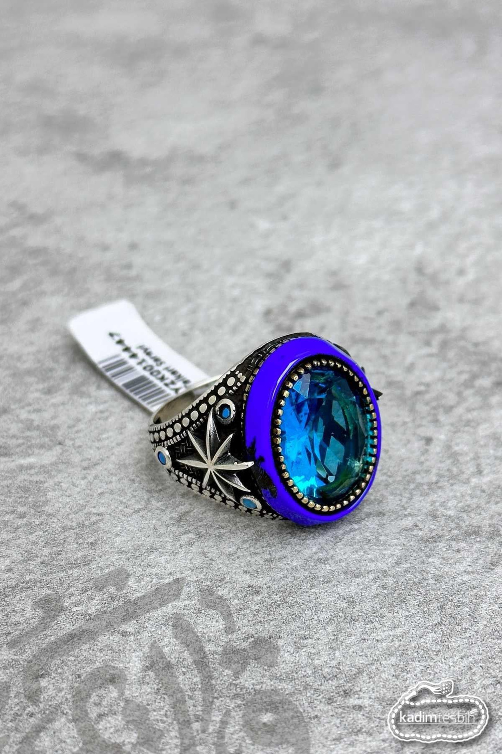 Topaz Aquamarin Taşlı Yanları Yıldız Detay Gösterişli 925 Ayar Gümüş Erkek Yüzük